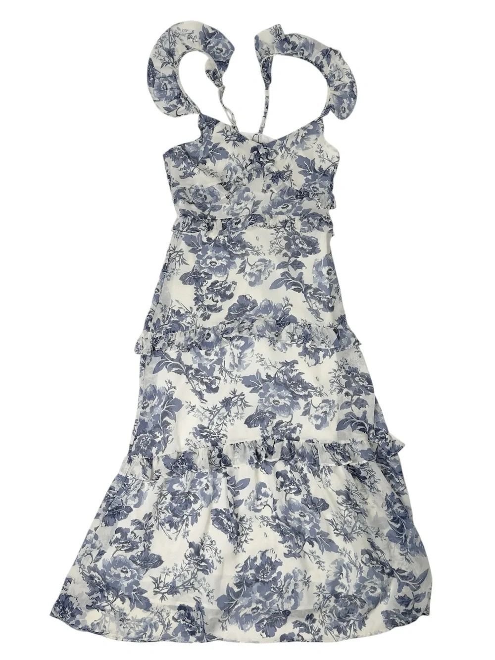 o.p.t Blue & White Ingrid Floral Ruffle Tiered Midi Sun Dress Size XS
